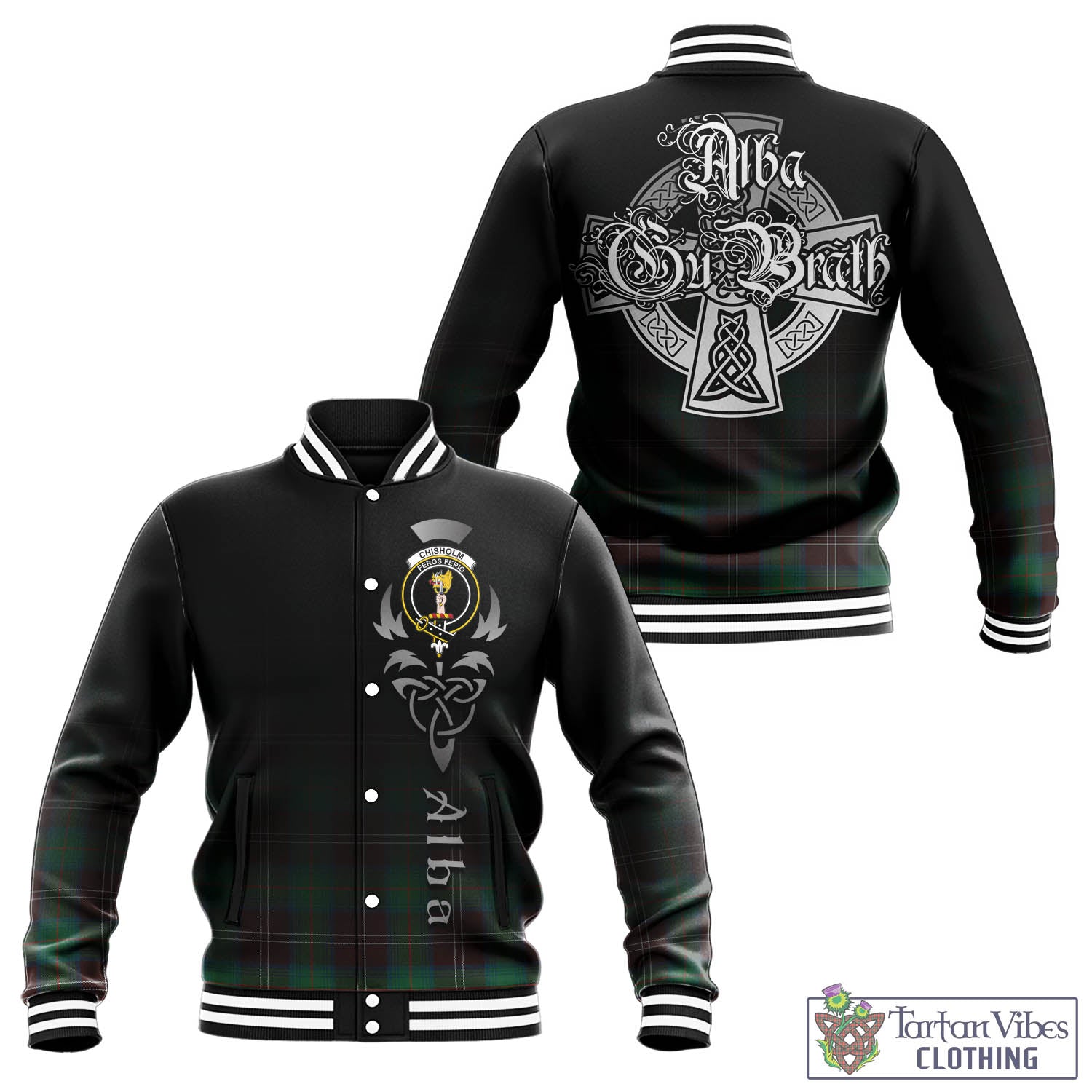 Tartan Vibes Clothing Chisholm Hunting Ancient Tartan Baseball Jacket Featuring Alba Gu Brath Family Crest Celtic Inspired