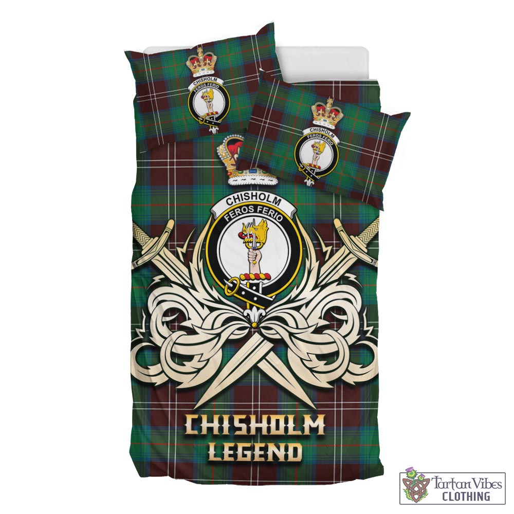 Tartan Vibes Clothing Chisholm Hunting Ancient Tartan Bedding Set with Clan Crest and the Golden Sword of Courageous Legacy