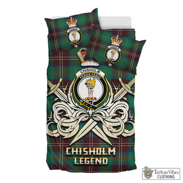 Chisholm Hunting Ancient Tartan Bedding Set with Clan Crest and the Golden Sword of Courageous Legacy