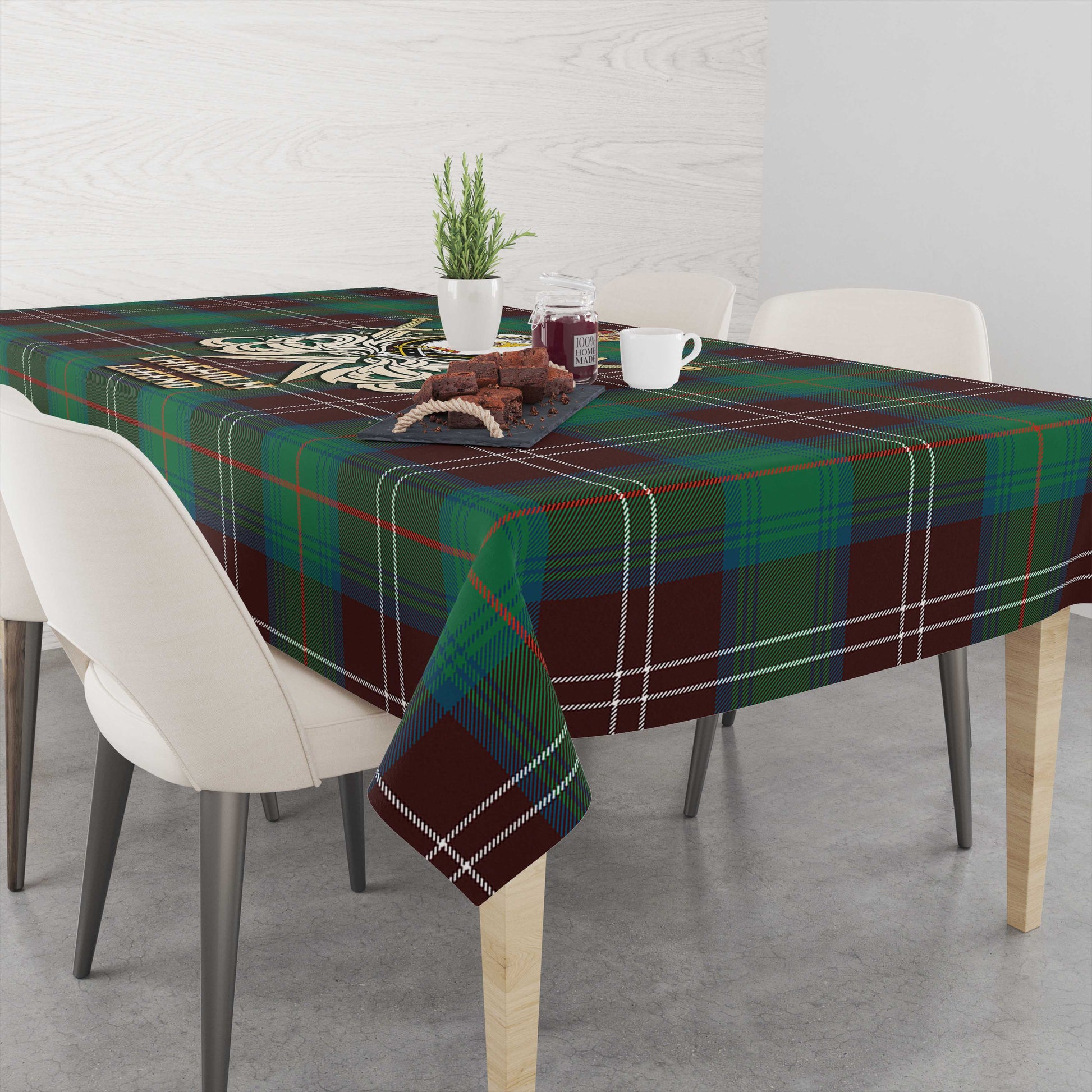 Tartan Vibes Clothing Chisholm Hunting Ancient Tartan Tablecloth with Clan Crest and the Golden Sword of Courageous Legacy