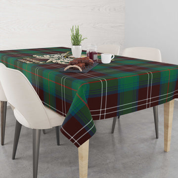 Chisholm Hunting Ancient Tartan Tablecloth with Clan Crest and the Golden Sword of Courageous Legacy