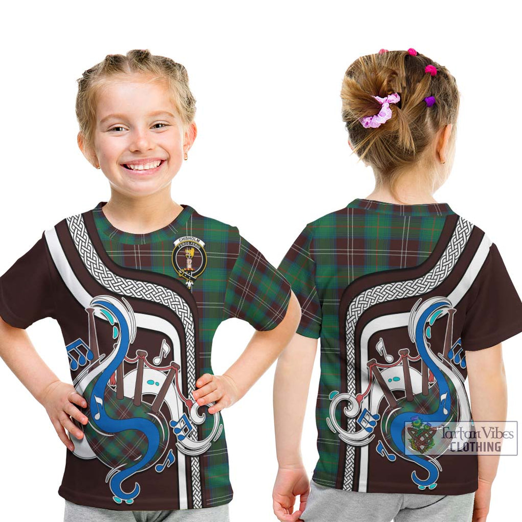 Tartan Vibes Clothing Chisholm Hunting Ancient Tartan Kid T-Shirt with Epic Bagpipe Style