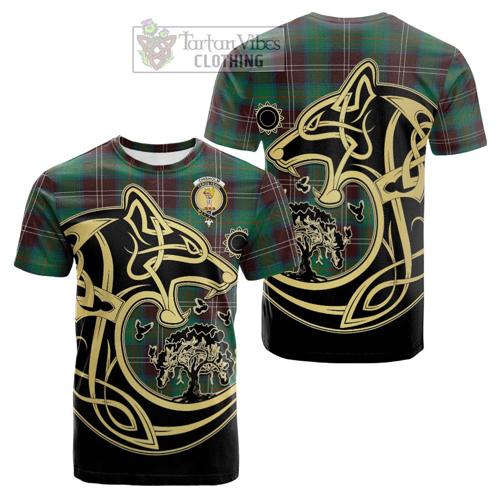 Tartan Vibes Clothing Chisholm Hunting Ancient Tartan Cotton T-shirt with Family Crest Celtic Wolf Style