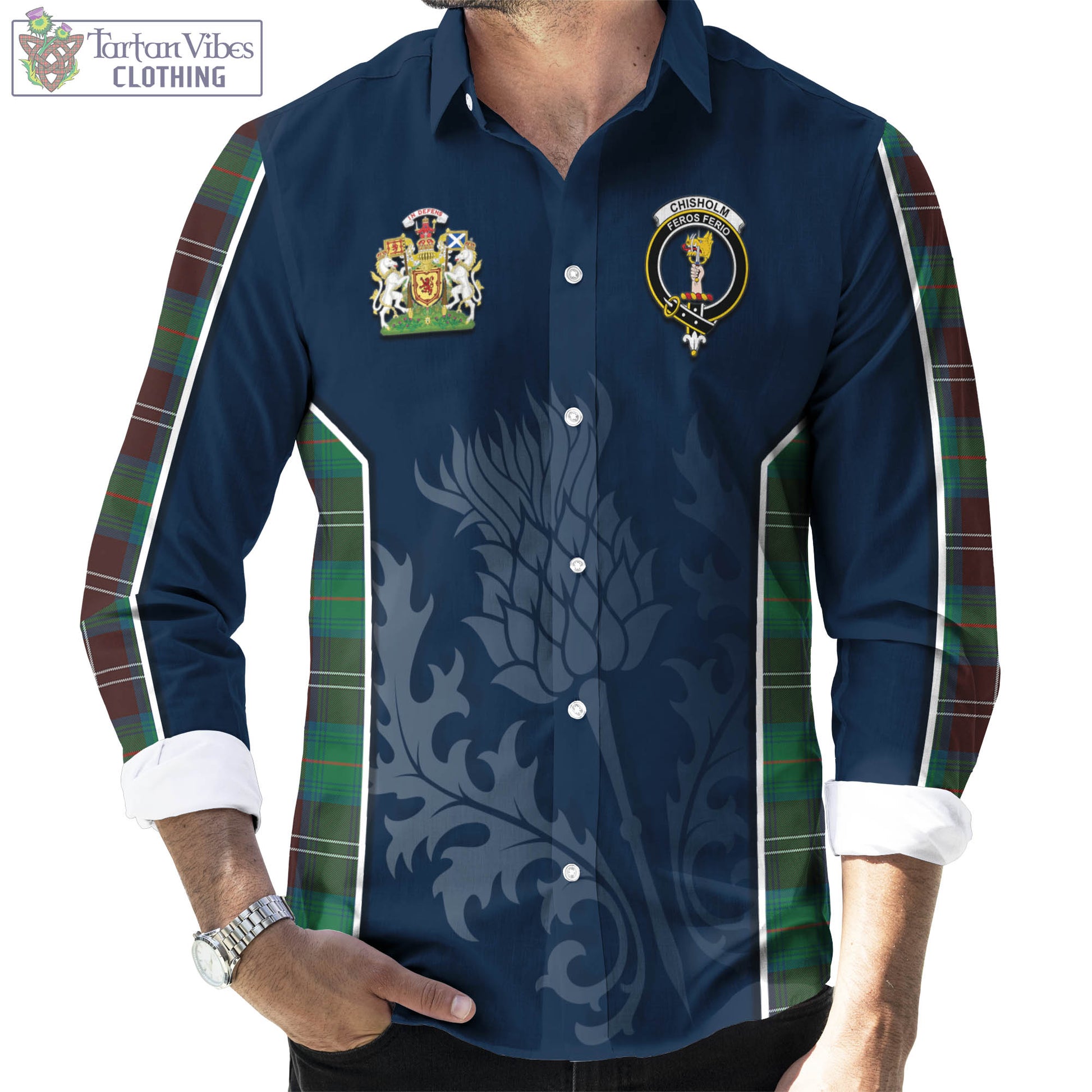 Tartan Vibes Clothing Chisholm Hunting Ancient Tartan Long Sleeve Button Up Shirt with Family Crest and Scottish Thistle Vibes Sport Style