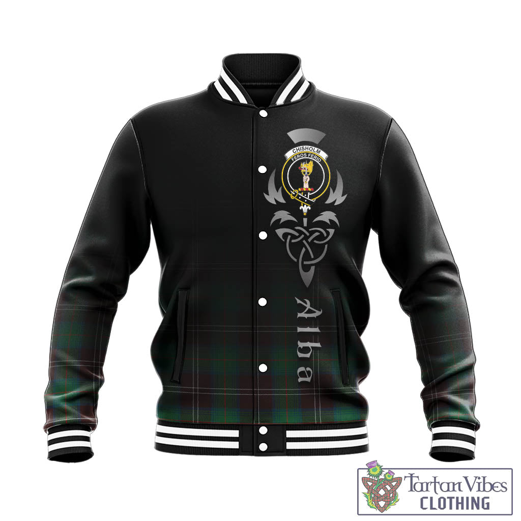 Tartan Vibes Clothing Chisholm Hunting Ancient Tartan Baseball Jacket Featuring Alba Gu Brath Family Crest Celtic Inspired