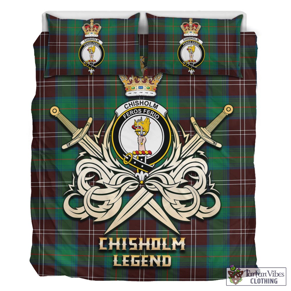 Tartan Vibes Clothing Chisholm Hunting Ancient Tartan Bedding Set with Clan Crest and the Golden Sword of Courageous Legacy