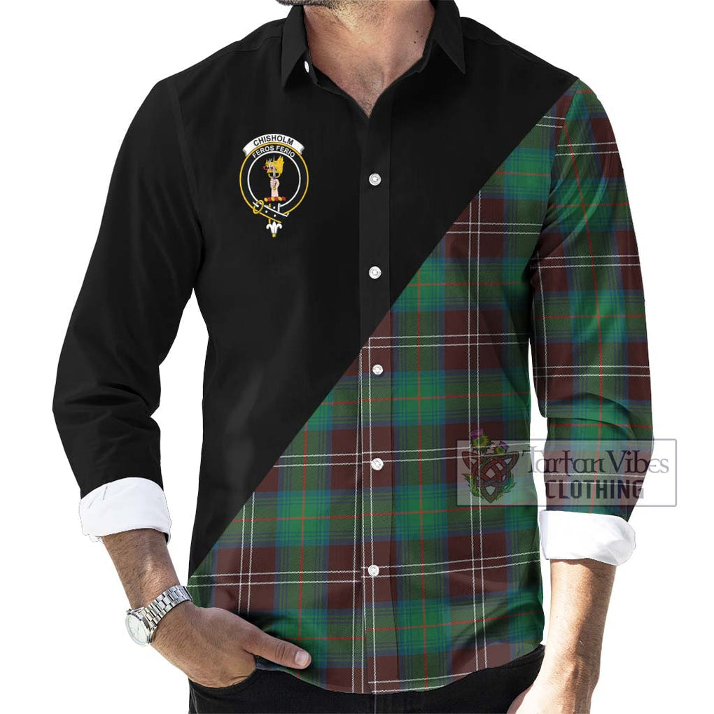 Chisholm Hunting Ancient Tartan Long Sleeve Button Shirt with Family Crest and Military Logo Style - Tartanvibesclothing Shop