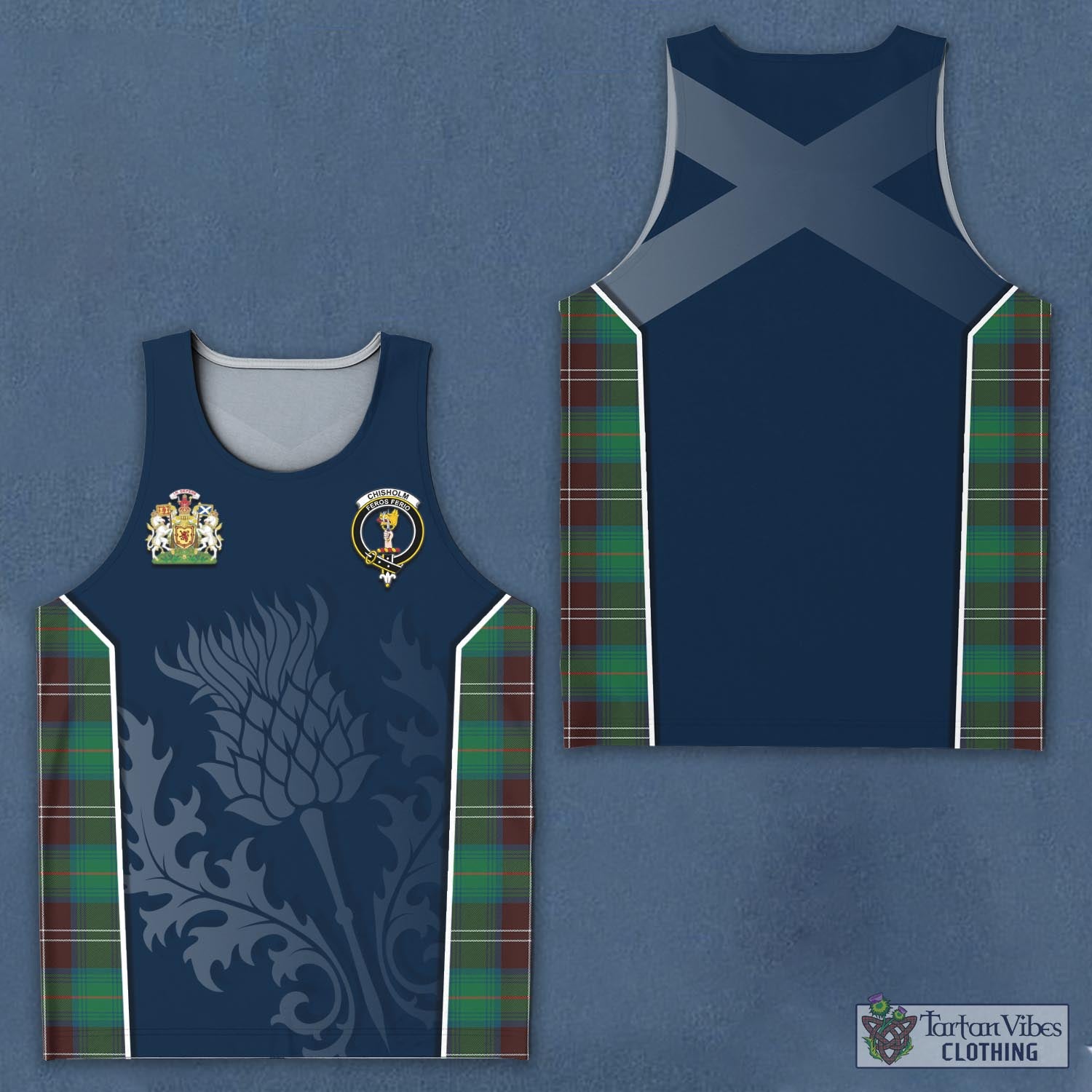 Tartan Vibes Clothing Chisholm Hunting Ancient Tartan Men's Tanks Top with Family Crest and Scottish Thistle Vibes Sport Style