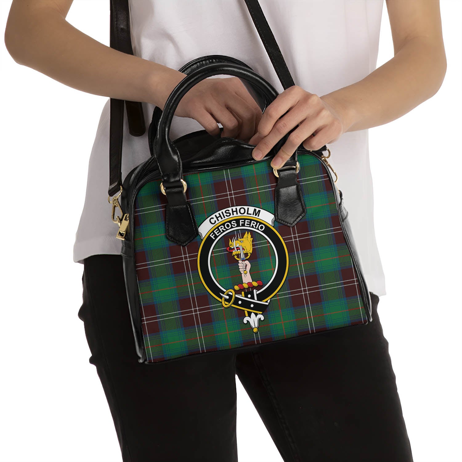 Chisholm Hunting Ancient Tartan Shoulder Handbags with Family Crest - Tartanvibesclothing