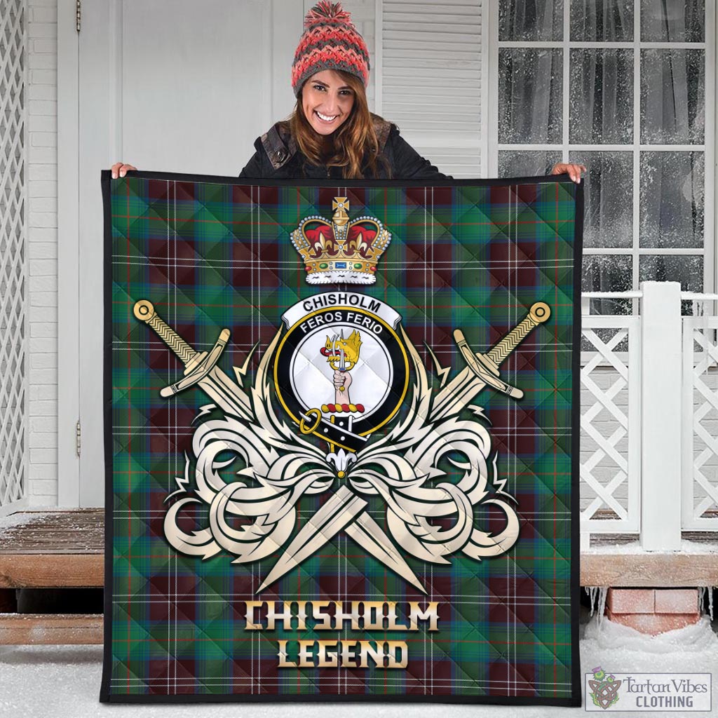 Tartan Vibes Clothing Chisholm Hunting Ancient Tartan Quilt with Clan Crest and the Golden Sword of Courageous Legacy