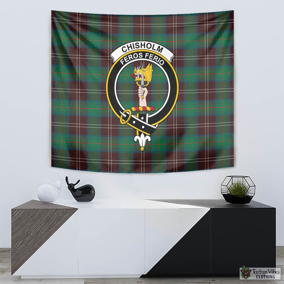 Tartan Vibes Clothing Chisholm Hunting Ancient Tartan Tapestry Wall Hanging and Home Decor for Room with Family Crest