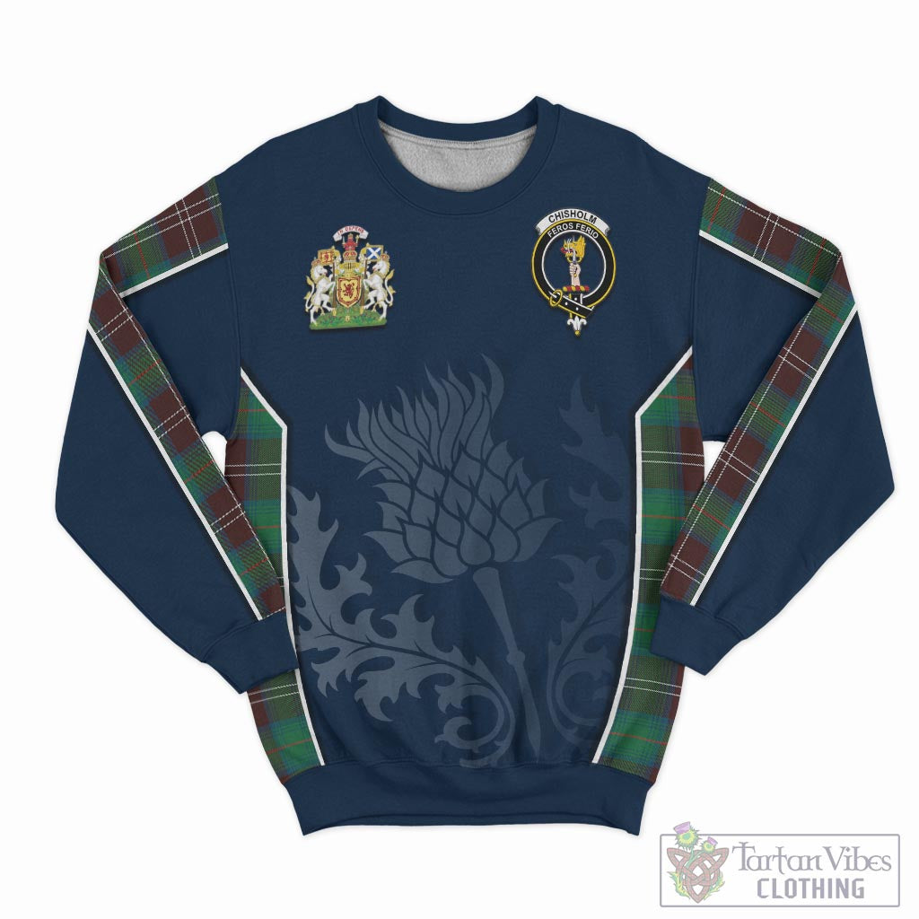 Tartan Vibes Clothing Chisholm Hunting Ancient Tartan Sweatshirt with Family Crest and Scottish Thistle Vibes Sport Style