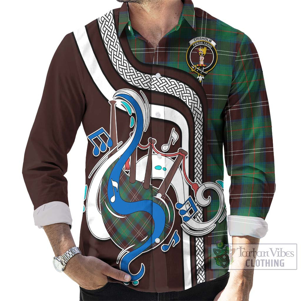 Chisholm Hunting Ancient Tartan Long Sleeve Button Shirt with Epic Bagpipe Style - Tartanvibesclothing Shop