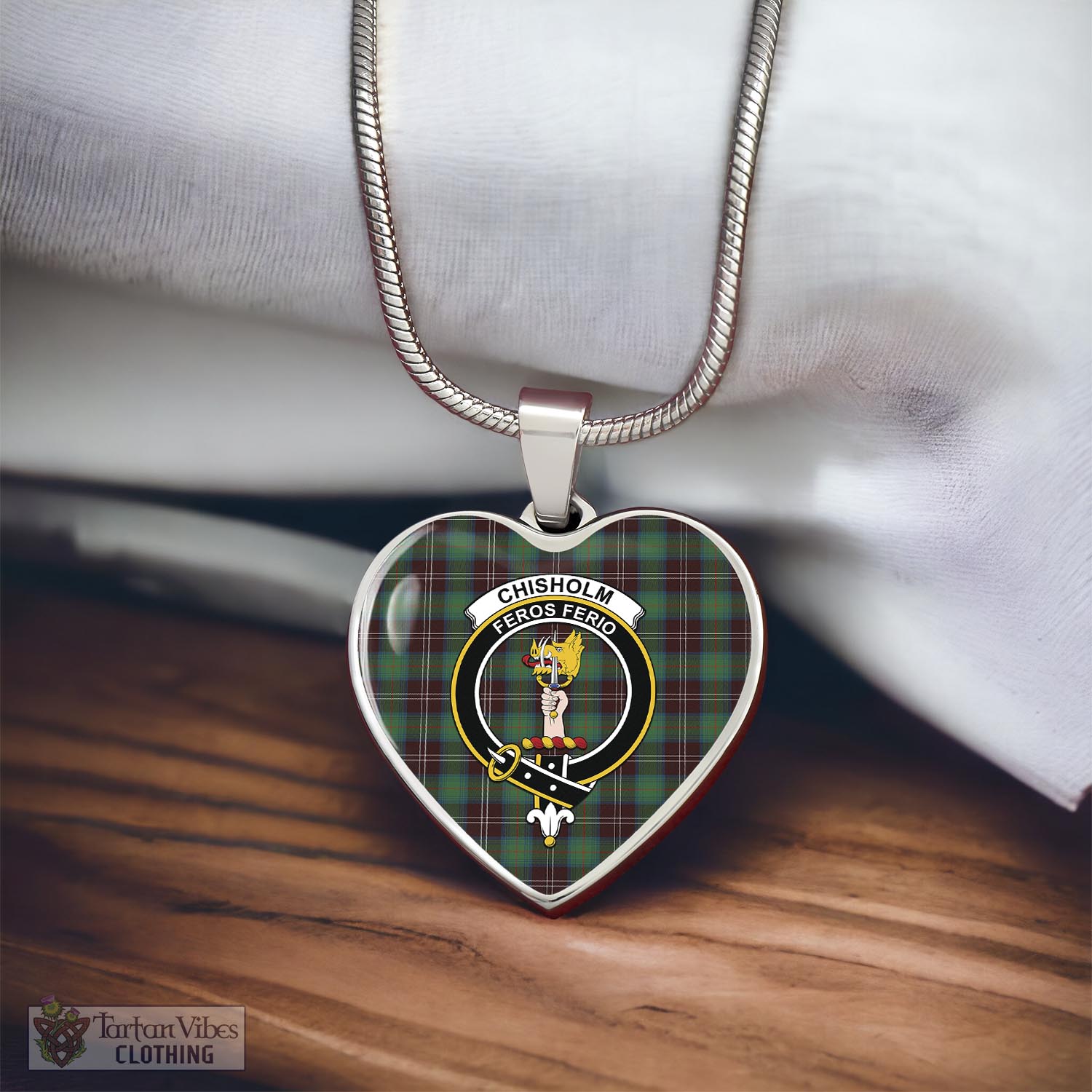 Tartan Vibes Clothing Chisholm Hunting Ancient Tartan Heart Necklace with Family Crest