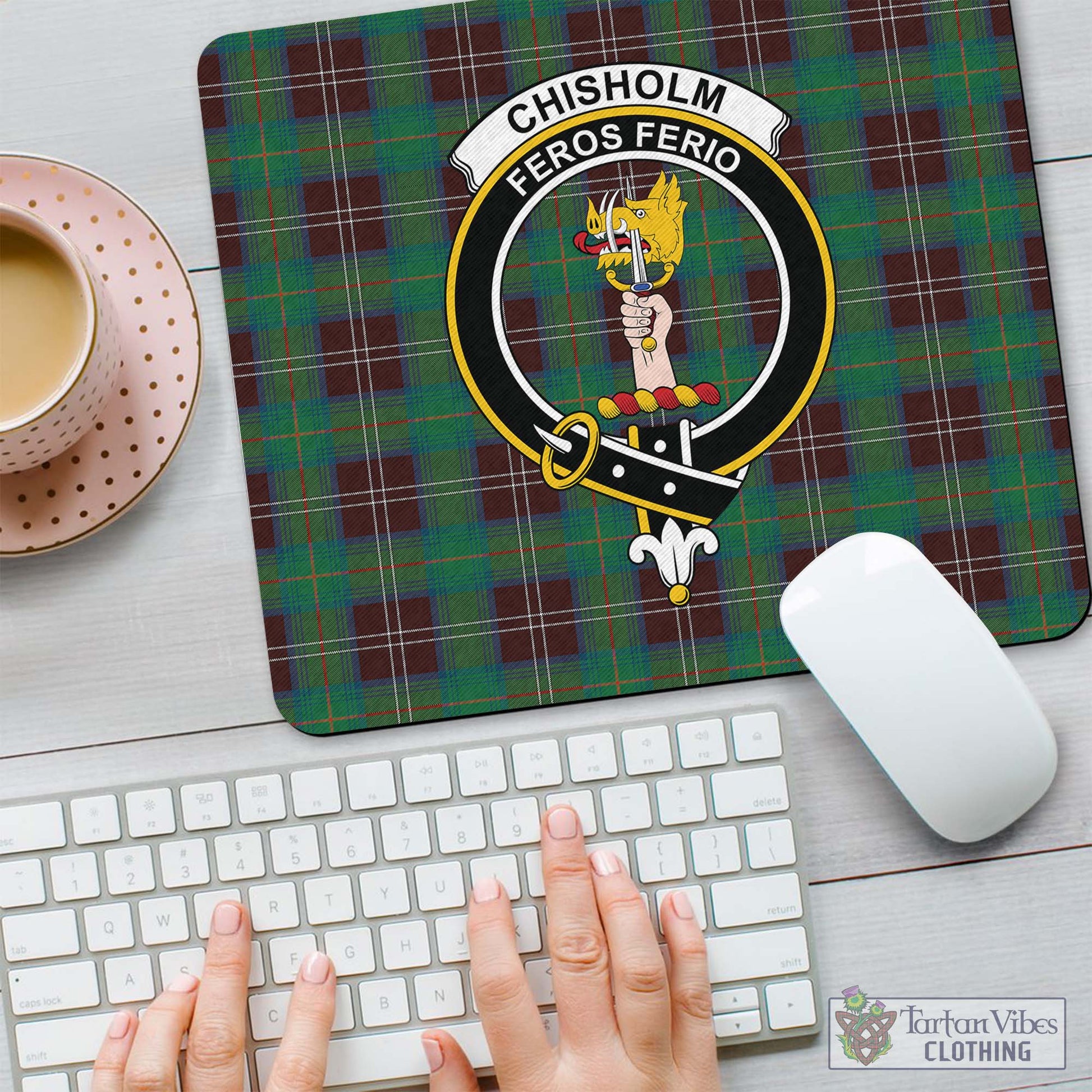 Tartan Vibes Clothing Chisholm Hunting Ancient Tartan Mouse Pad with Family Crest