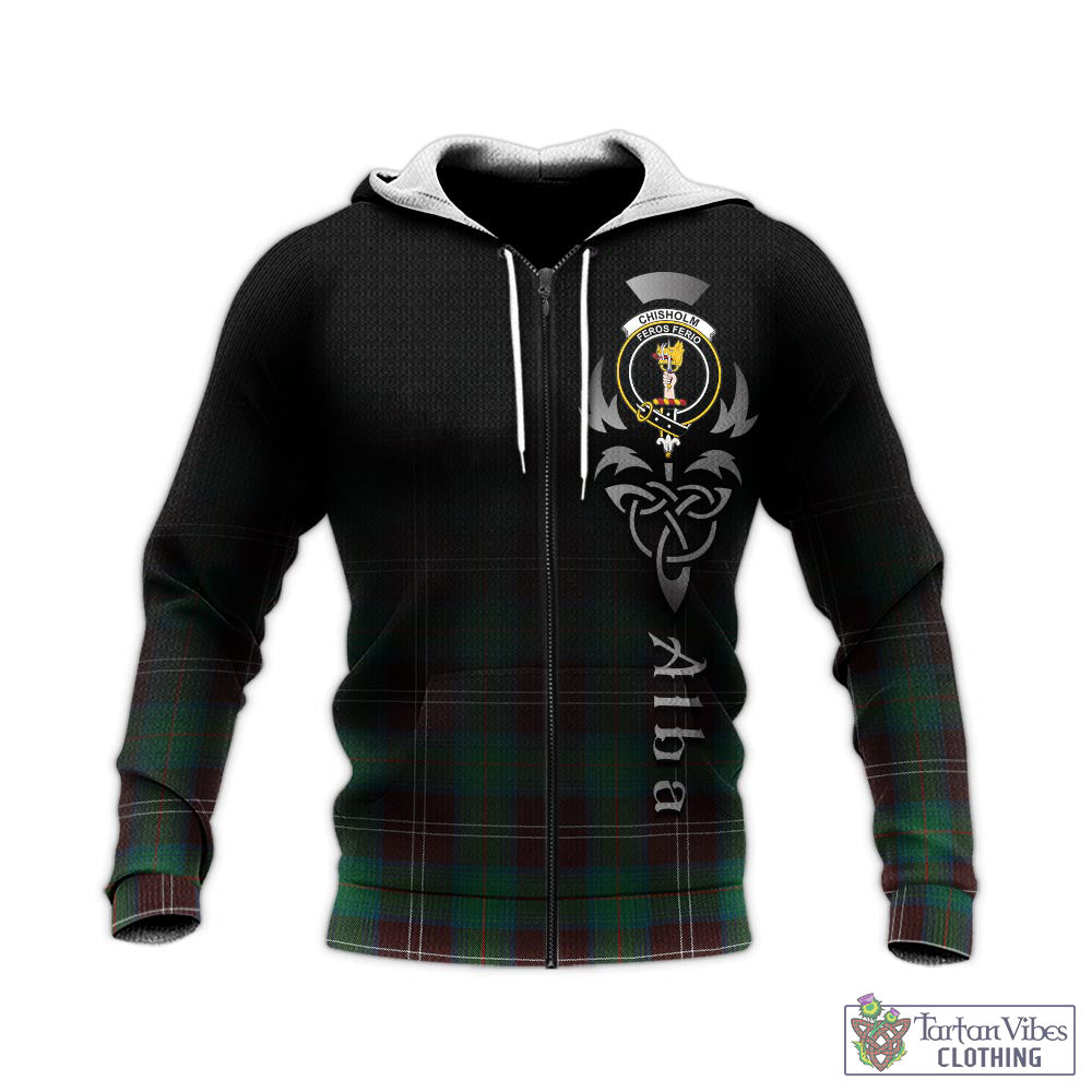 Tartan Vibes Clothing Chisholm Hunting Ancient Tartan Knitted Hoodie Featuring Alba Gu Brath Family Crest Celtic Inspired