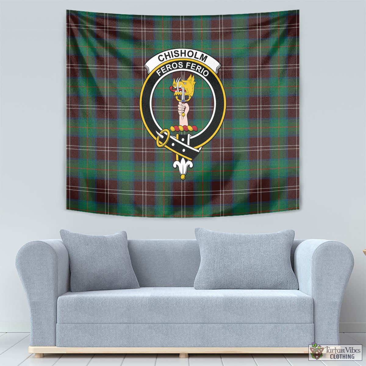 Tartan Vibes Clothing Chisholm Hunting Ancient Tartan Tapestry Wall Hanging and Home Decor for Room with Family Crest