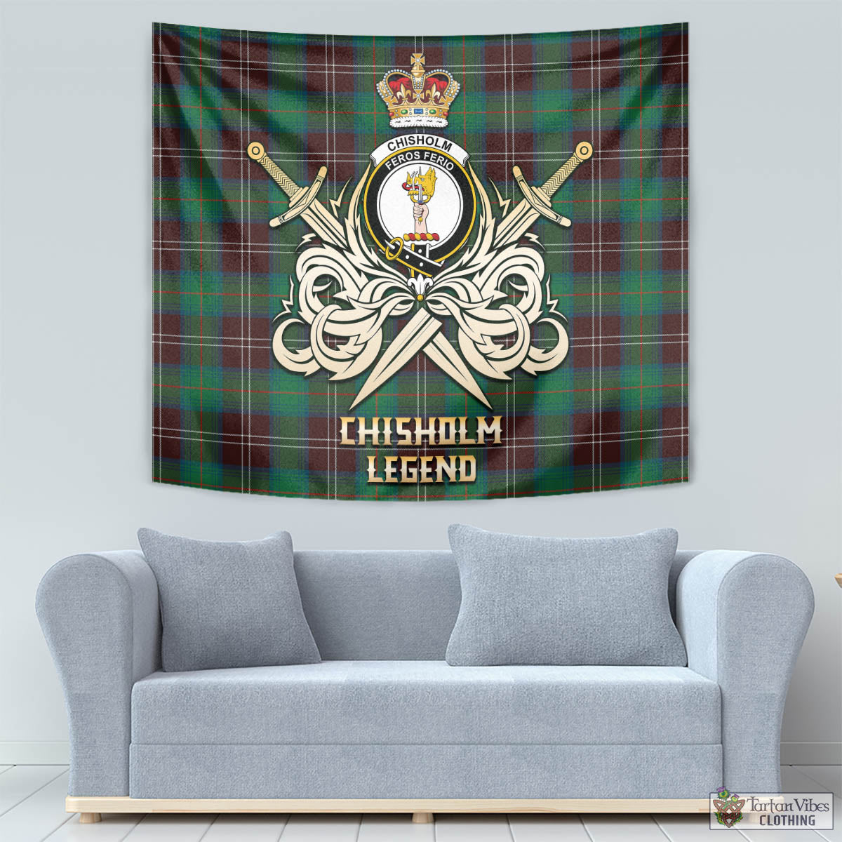 Tartan Vibes Clothing Chisholm Hunting Ancient Tartan Tapestry with Clan Crest and the Golden Sword of Courageous Legacy