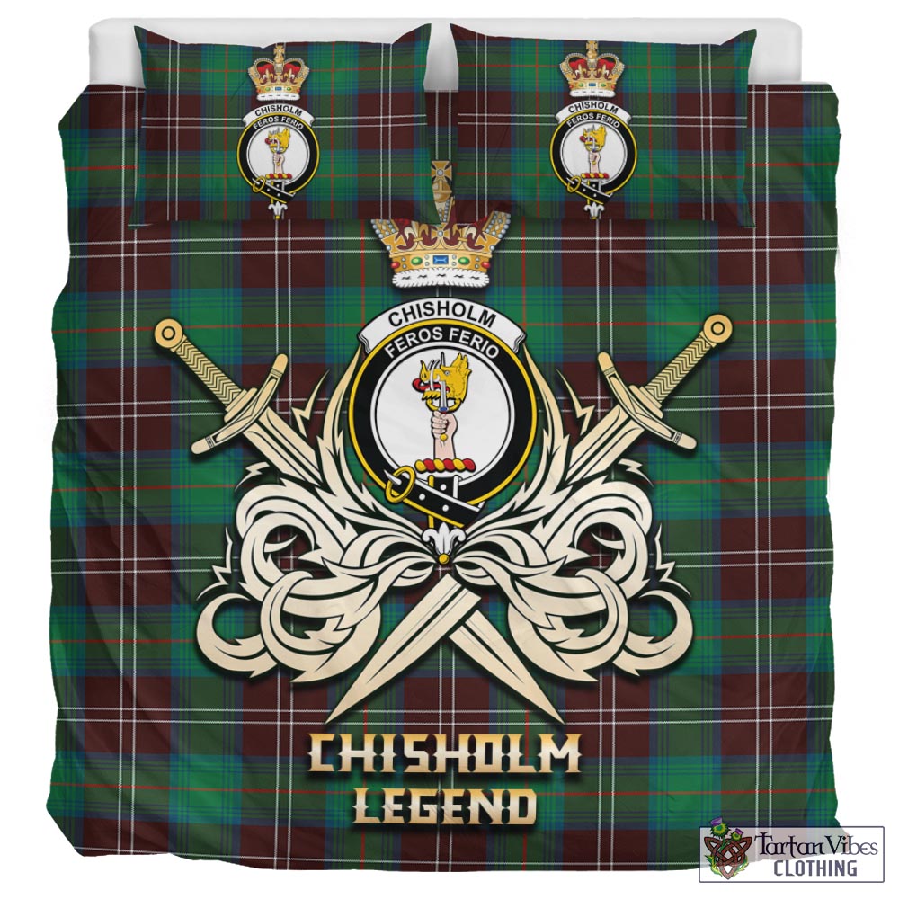 Tartan Vibes Clothing Chisholm Hunting Ancient Tartan Bedding Set with Clan Crest and the Golden Sword of Courageous Legacy