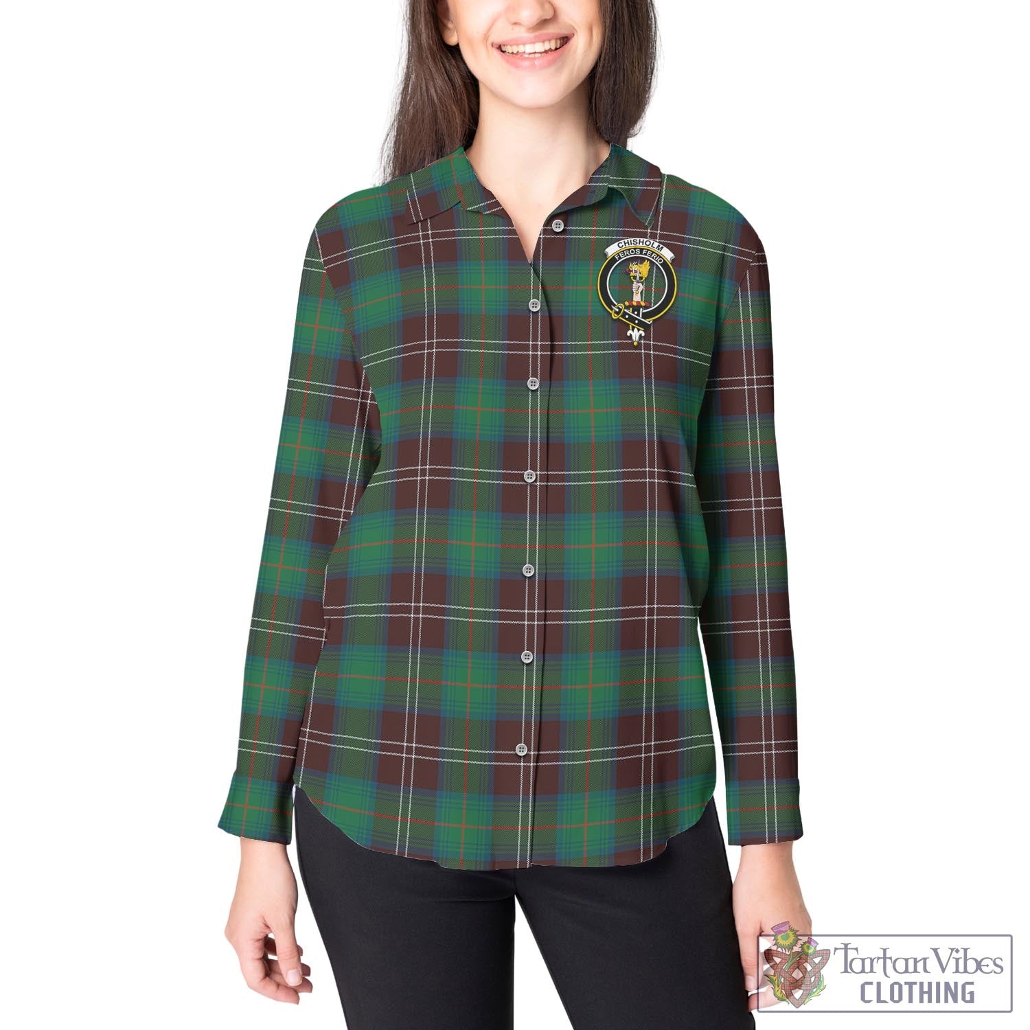 Tartan Vibes Clothing Chisholm Hunting Ancient Tartan Womens Casual Shirt with Family Crest