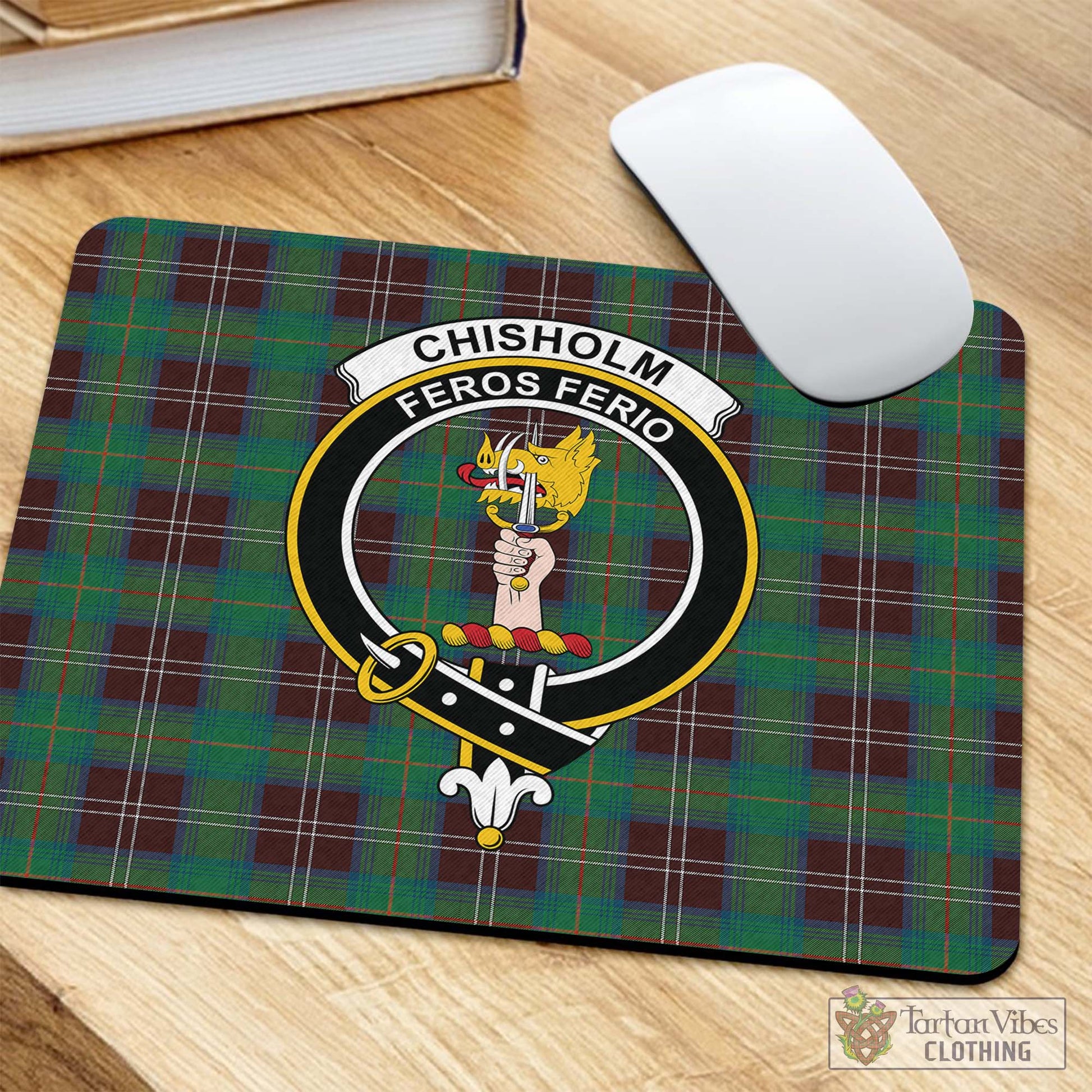 Tartan Vibes Clothing Chisholm Hunting Ancient Tartan Mouse Pad with Family Crest