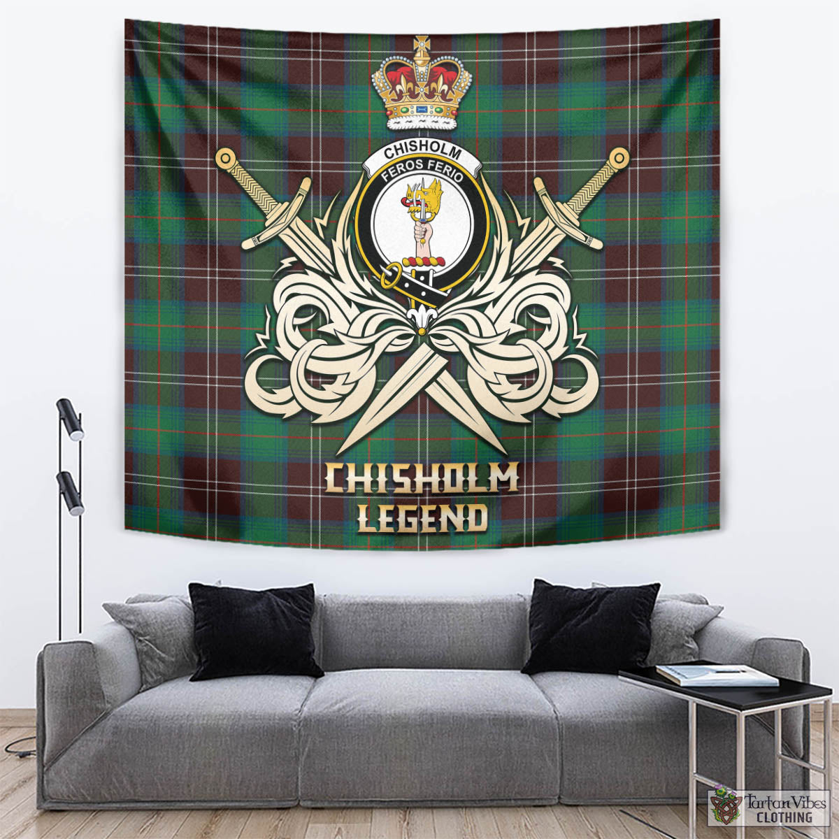 Tartan Vibes Clothing Chisholm Hunting Ancient Tartan Tapestry with Clan Crest and the Golden Sword of Courageous Legacy