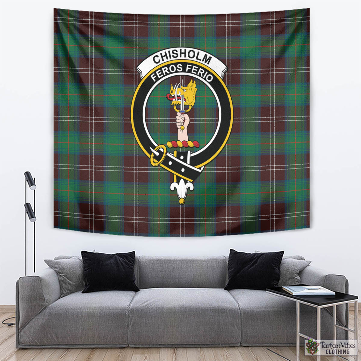 Tartan Vibes Clothing Chisholm Hunting Ancient Tartan Tapestry Wall Hanging and Home Decor for Room with Family Crest