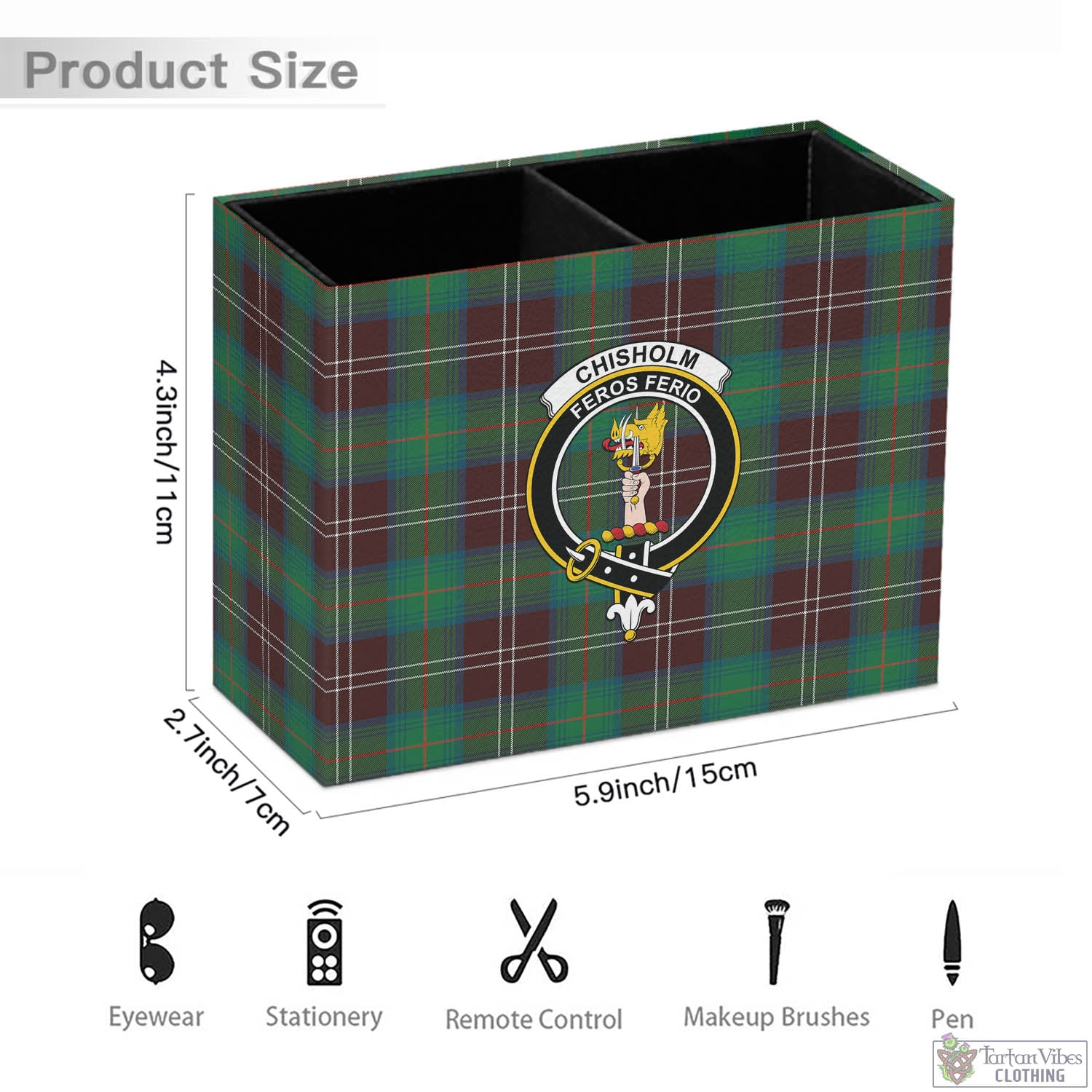 Tartan Vibes Clothing Chisholm Hunting Ancient Tartan Pen Holder with Family Crest