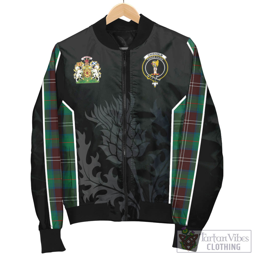 Tartan Vibes Clothing Chisholm Hunting Ancient Tartan Bomber Jacket with Family Crest and Scottish Thistle Vibes Sport Style