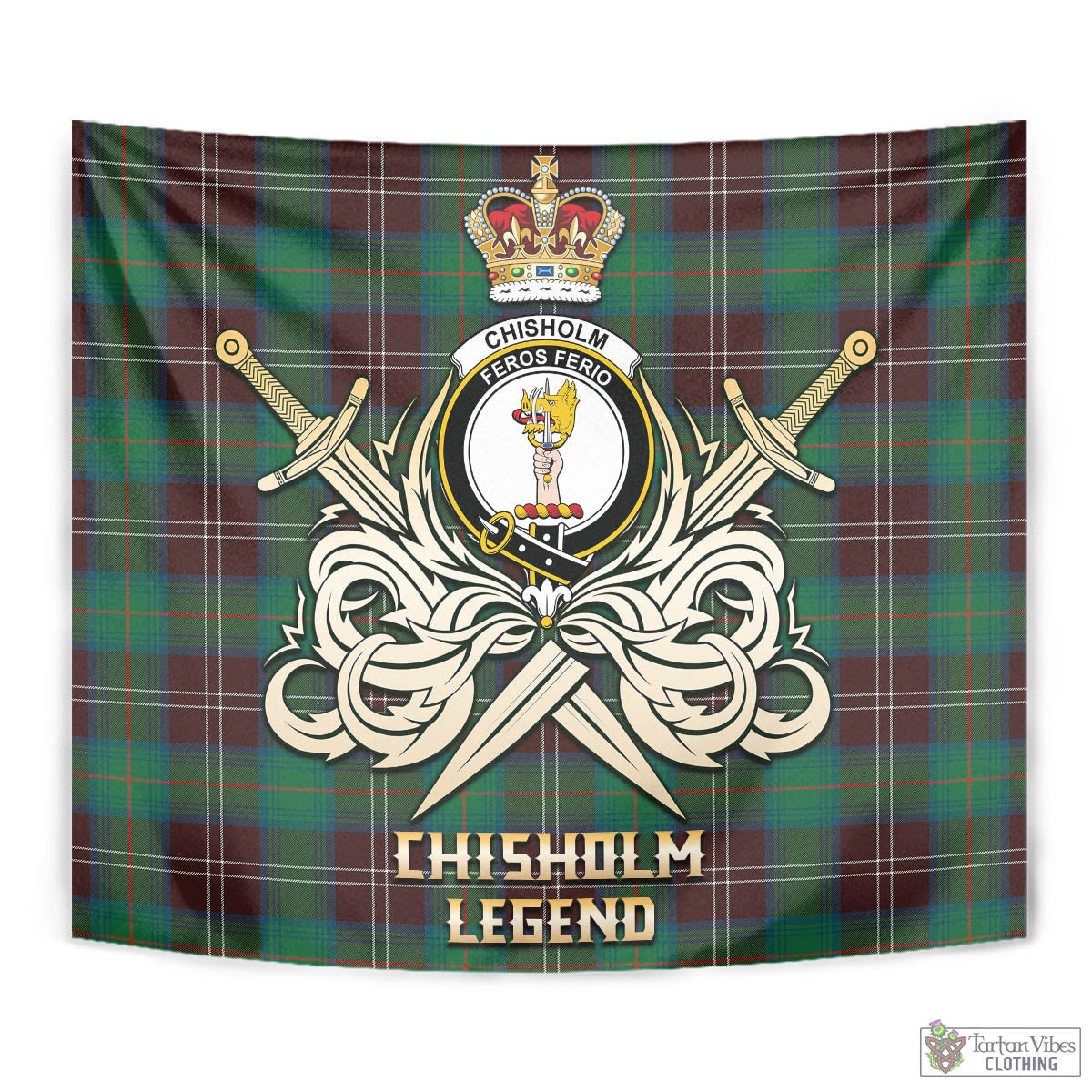 Tartan Vibes Clothing Chisholm Hunting Ancient Tartan Tapestry with Clan Crest and the Golden Sword of Courageous Legacy