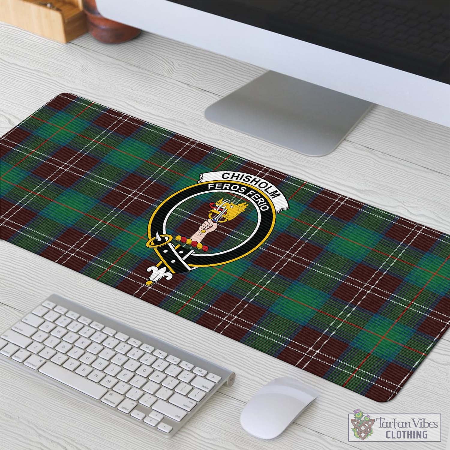 Tartan Vibes Clothing Chisholm Hunting Ancient Tartan Mouse Pad with Family Crest