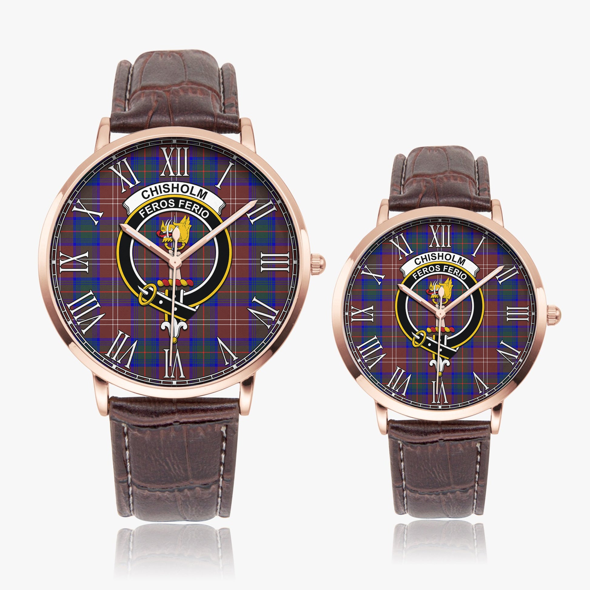 Chisholm Hunting Modern Tartan Family Crest Leather Strap Quartz Watch - Tartanvibesclothing