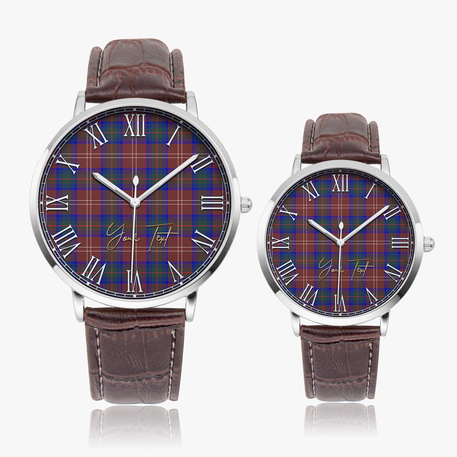 Chisholm Hunting Modern Tartan Personalized Your Text Leather Trap Quartz Watch Ultra Thin Silver Case With Brown Leather Strap - Tartanvibesclothing