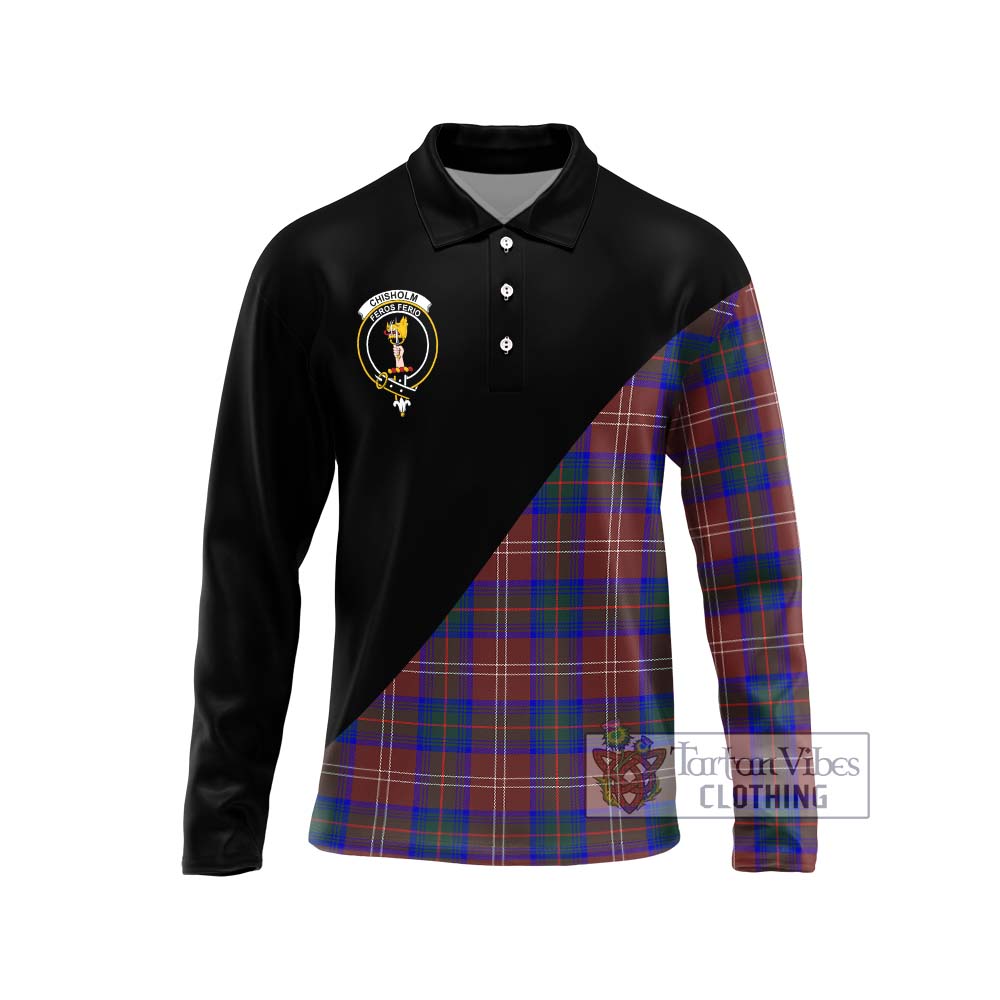 Chisholm Hunting Modern Tartan Long Sleeve Polo Shirt with Family Crest and Military Logo Style Unisex - Tartanvibesclothing Shop