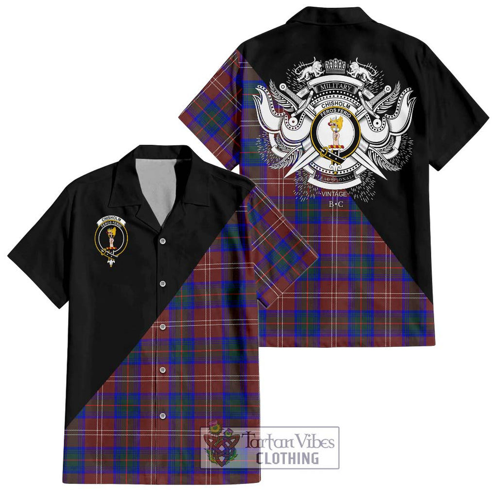 Chisholm Hunting Modern Tartan Short Sleeve Button Shirt with Family Crest and Military Logo Style Kid - Tartanvibesclothing Shop