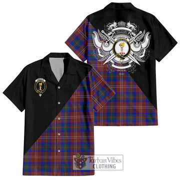 Chisholm Hunting Modern Tartan Short Sleeve Button Shirt with Family Crest and Military Logo Style