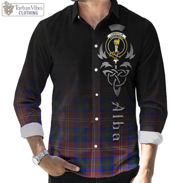 Chisholm Hunting Modern Tartan Long Sleeve Button Up Featuring Alba Gu Brath Family Crest Celtic Inspired