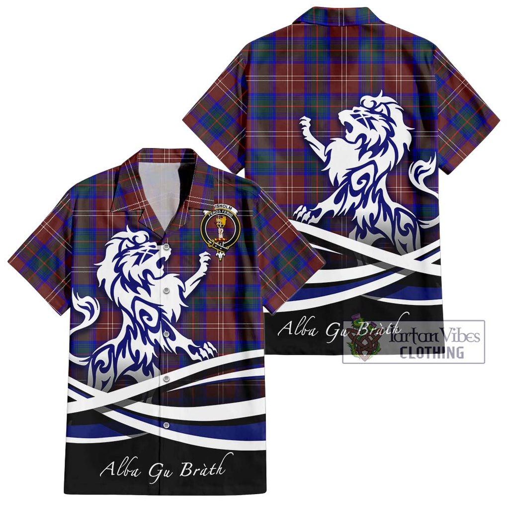 Chisholm Hunting Modern Tartan Short Sleeve Button Shirt with Alba Gu Brath Regal Lion Emblem Kid - Tartanvibesclothing Shop