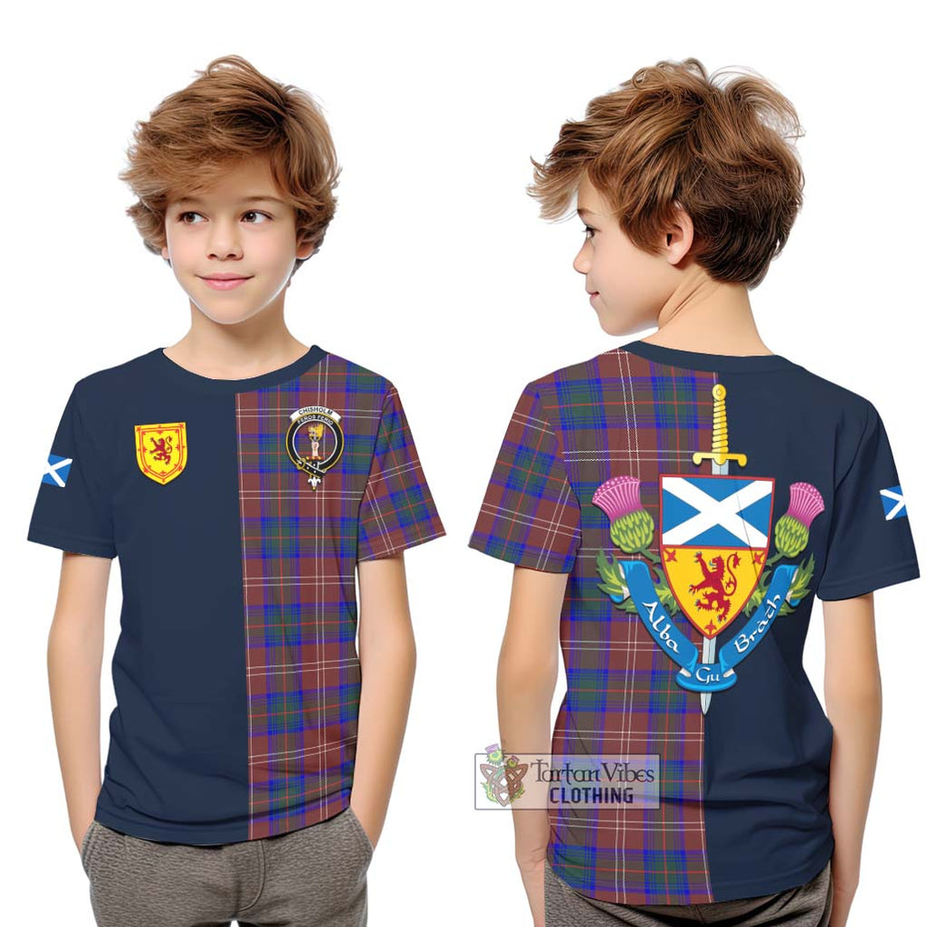 Tartan Vibes Clothing Chisholm Hunting Modern Tartan Kid T-Shirt with Scottish Lion Royal Arm Half Style