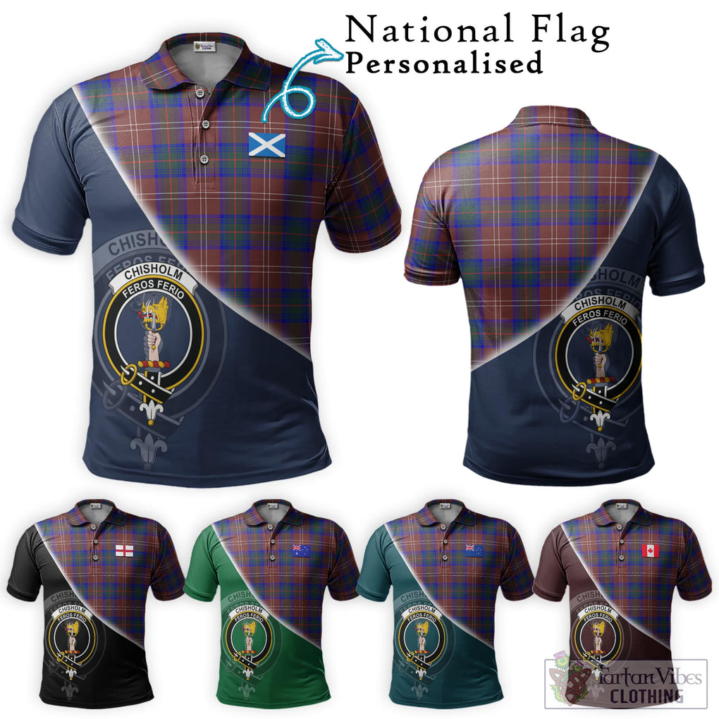 Chisholm Hunting Modern Tartan Polo Shirt with Personalised National Flag and Family Crest Half Style Maroon - Tartanvibesclothing Shop