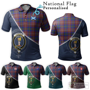 Chisholm Hunting Modern Tartan Polo Shirt with Personalised National Flag and Family Crest Half Style