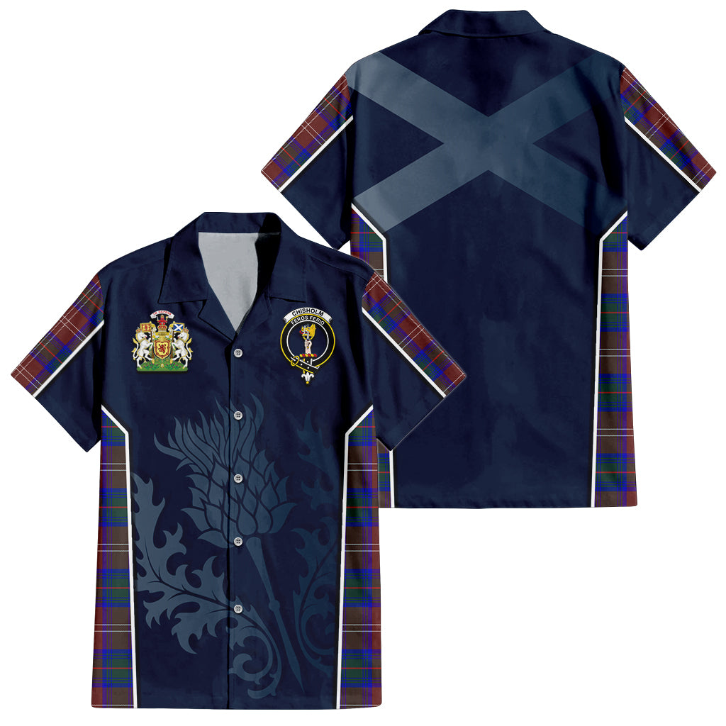 Tartan Vibes Clothing Chisholm Hunting Modern Tartan Short Sleeve Button Up Shirt with Family Crest and Scottish Thistle Vibes Sport Style