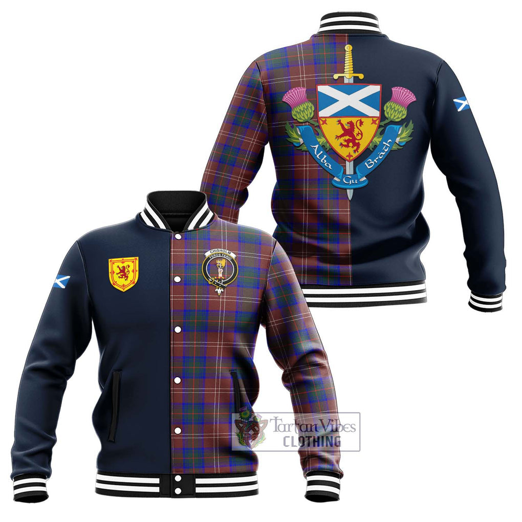 Tartan Vibes Clothing Chisholm Hunting Modern Tartan Baseball Jacket with Scottish Lion Royal Arm Half Style