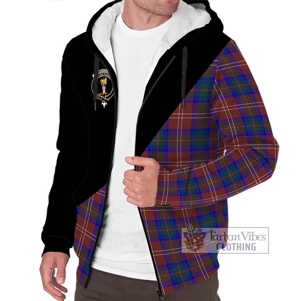 Chisholm Hunting Modern Tartan Sherpa Hoodie with Family Crest and Military Logo Style Unisex S - Tartanvibesclothing Shop