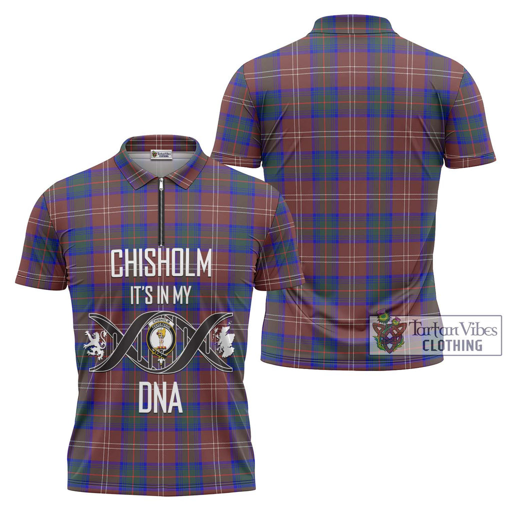 Chisholm Hunting Modern Tartan Zipper Polo Shirt with Family Crest DNA In Me Style Unisex - Tartanvibesclothing Shop