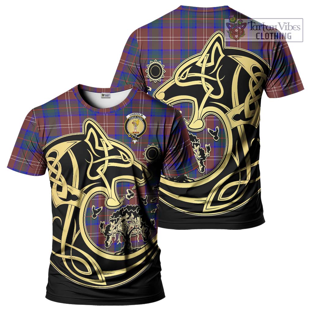 Chisholm Hunting Modern Tartan T-Shirt with Family Crest Celtic Wolf Style Kid's Shirt - Tartan Vibes Clothing