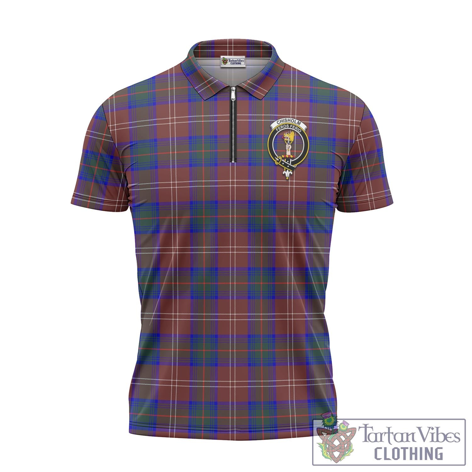 Tartan Vibes Clothing Chisholm Hunting Modern Tartan Zipper Polo Shirt with Family Crest