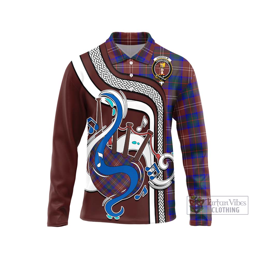 Tartan Vibes Clothing Chisholm Hunting Modern Tartan Long Sleeve Polo Shirt with Epic Bagpipe Style