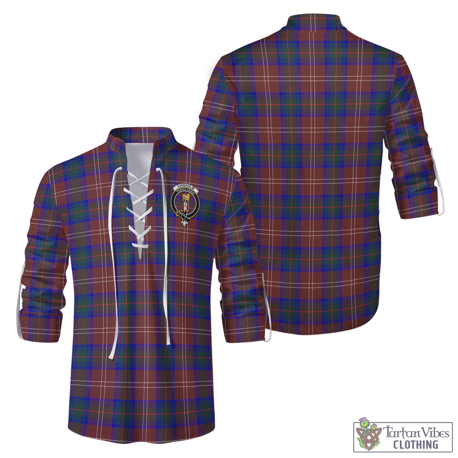 Tartan Vibes Clothing Chisholm Hunting Modern Tartan Men's Scottish Traditional Jacobite Ghillie Kilt Shirt with Family Crest