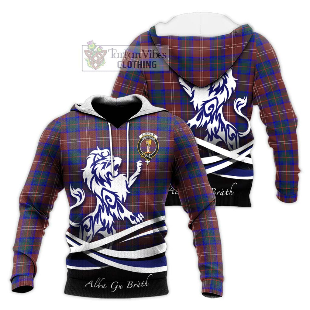 Chisholm Hunting Modern Tartan Knitted Hoodie with Alba Gu Brath Regal Lion Emblem Unisex Knitted Pullover Hoodie - Tartanvibesclothing Shop